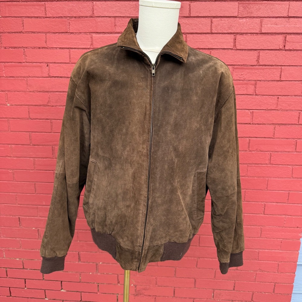Vtg St Johns Bay Bomber Jacket Mens Size Large Brown Suede Leather Full Zip Coat